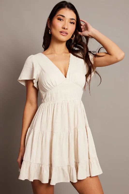 Women's Trendy Attire Beige Fit And Flare Dress V-neck Mini