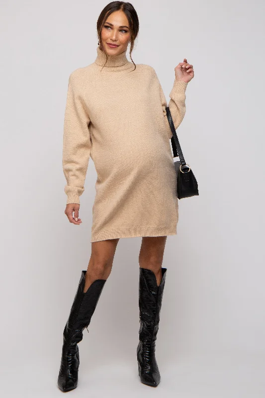 Women Wear Boutique Beige Knit Long Sleeve Turtleneck Maternity Sweater Dress