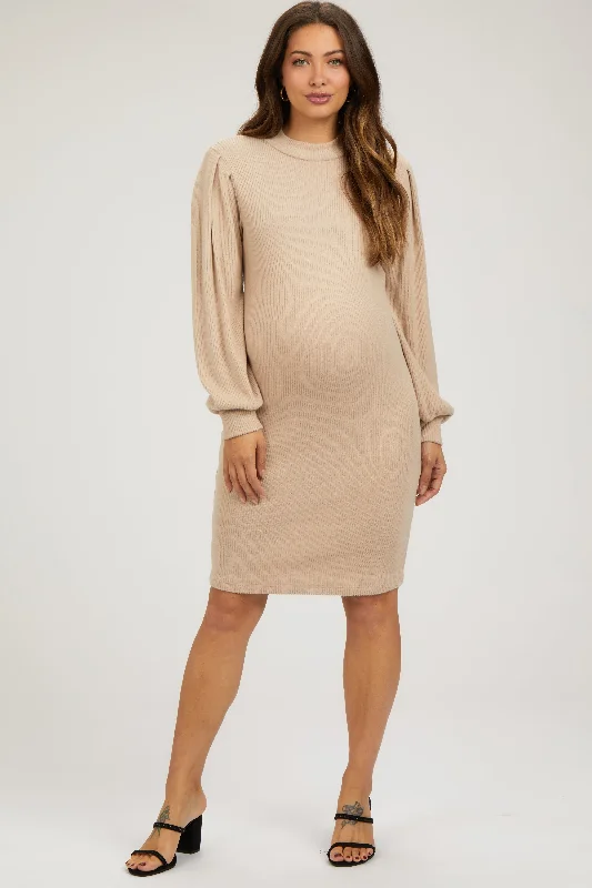 Women's Transitional Attire Beige Ribbed Long Sleeve Mock Neck Maternity Dress