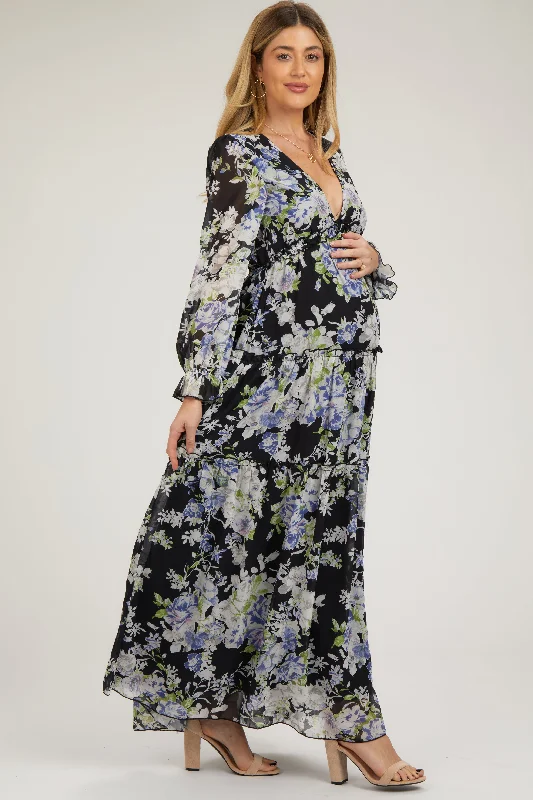 New Arrival Discount Black Floral Chiffon Deep V Ruffle Tiered Maternity Maxi Dress