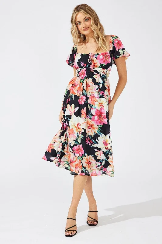 Clothing For Women Black Floral Midi Dress Short Sleeve Ruched Bust