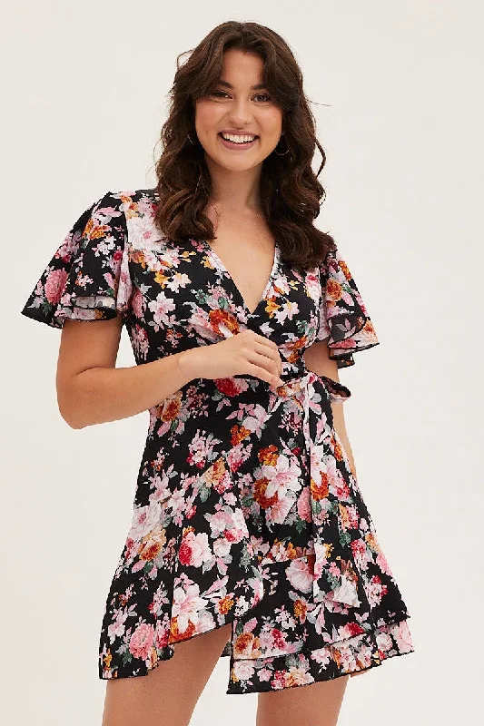 Clothing Sales Black Floral Wrap Mini Dress