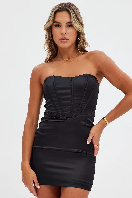 Chic Women's Clothing Online Black Mini Dress Strapless Corset Detail Satin