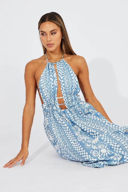 Comfortable Casual Wear Blue Abstract Maxi Dress Halter Neck