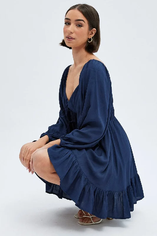 Women's Casual Wear Clothing Blue Fit and Flare Dress Long Sleeve Cut Out