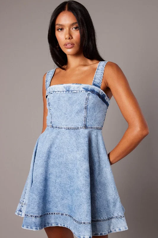 Comfortable Women's Apparel Blue Fit And Flare Dress Mini