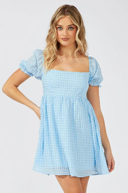 Women's Urban Clothing Blue Fit and Flare Dress Short Sleeve