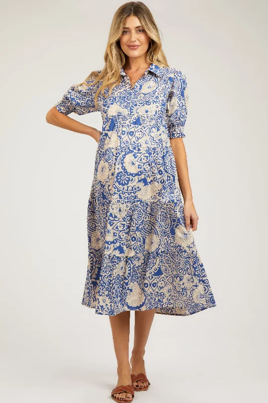 Women's Versatile Apparel Blue Floral Collared Tiered Maternity Midi Dress