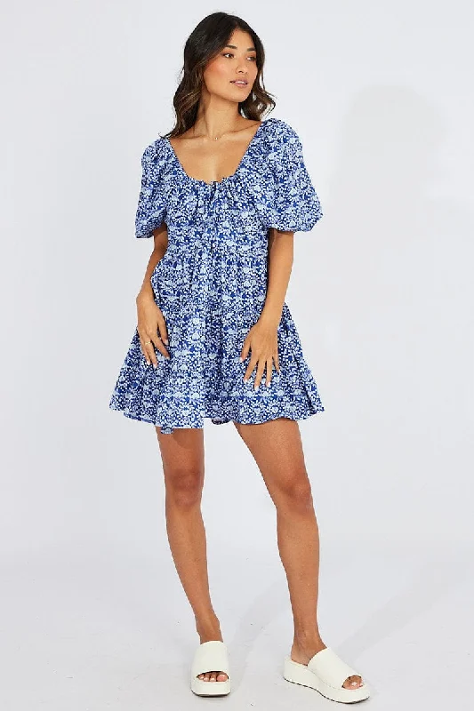 Women's Holiday Attire Blue Floral Fit And Flare Mini Dress Puff Sleeve