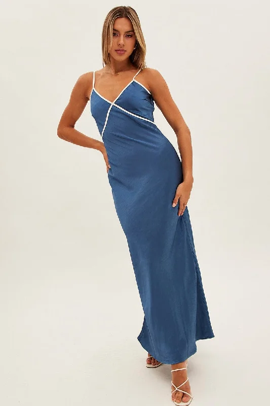 Vintage-Inspired Women's Clothes Blue Maxi Dress V Neck Contrast Binding Details Satin