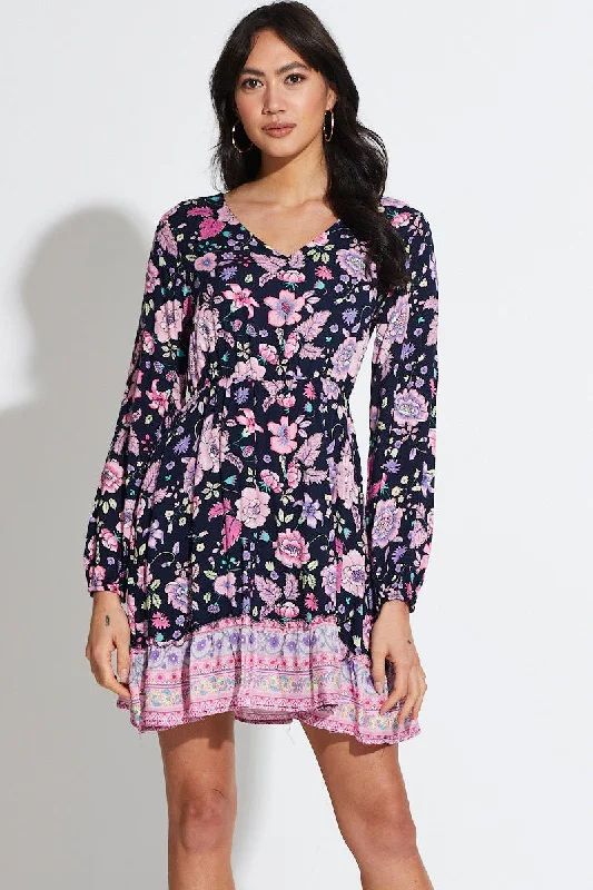 Online Impressions Boutique Boho Print Mini Dress Long Sleeve V Neck