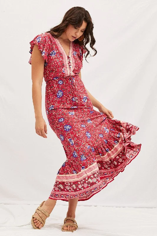 Trendy Women's Fashion Boho Print V-Neck Short Sleeve Maxi Dress