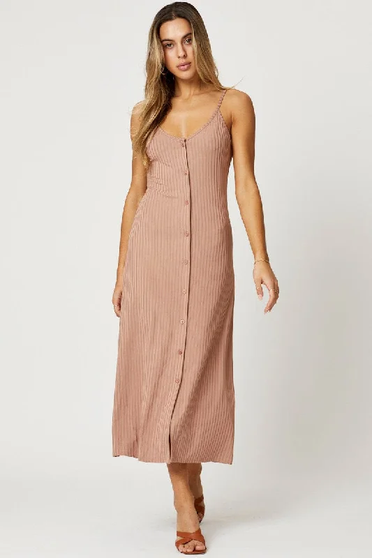 Clothing Sale Brown Button Front Dress Sleeveless Maxi Rib