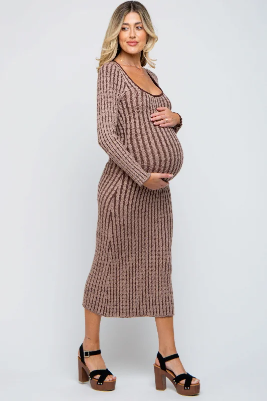 Women's Everyday Garments Brown Cable Knit Maternity Fitted Midi Dress