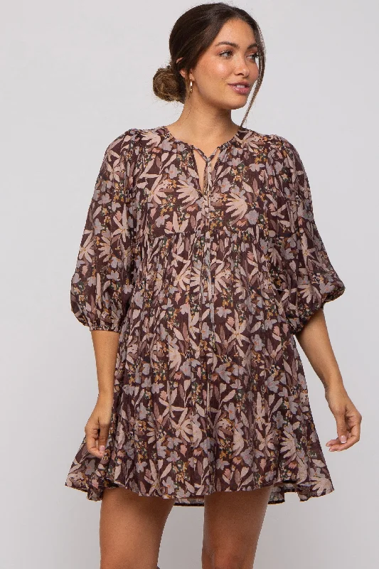 Casual Chic Clothing For Women Brown Floral 3/4 Sleeve Maternity Dress