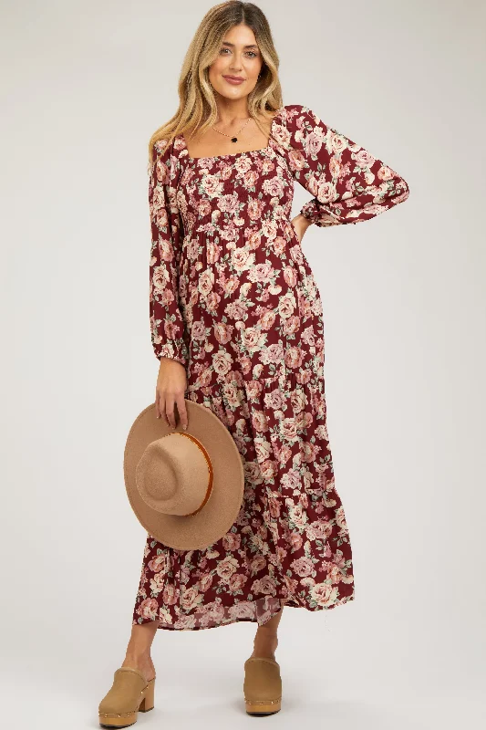 Vintage-Inspired Women's Clothes Burgundy Floral Long Sleeve Maternity Maxi Dress