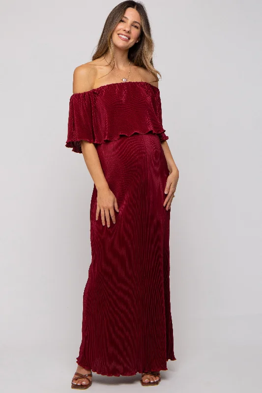 Plus Size Women Wear Burgundy Pleated Ruffle Off Shoulder Maternity Maxi Dress