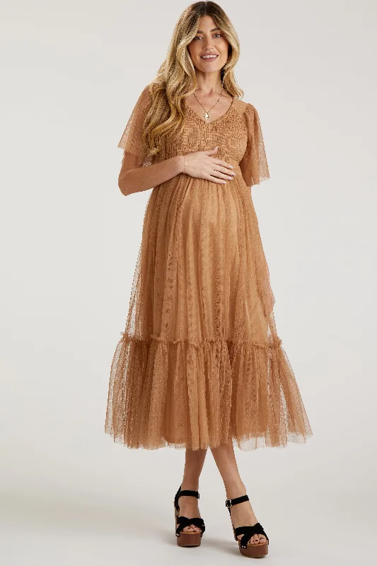 Holiday Special Offers Camel Dotted Tulle Smocked Maternity Midi Dress