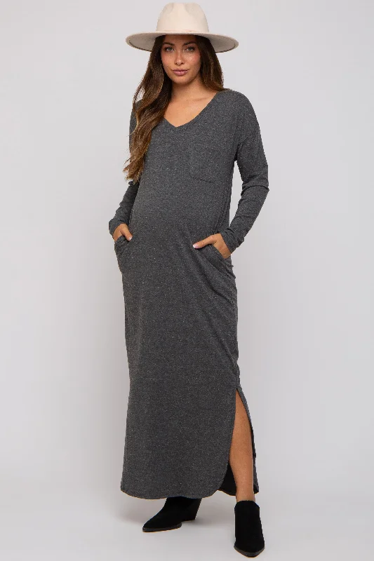 Women's Comfortable Clothes For Weekends Charcoal Heathered Pocketed Long Sleeve Maternity Maxi Dress