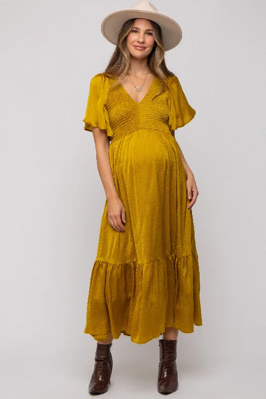 Women's Online Clothing Boutique Gold Satin Smocked Maternity Midi Dress