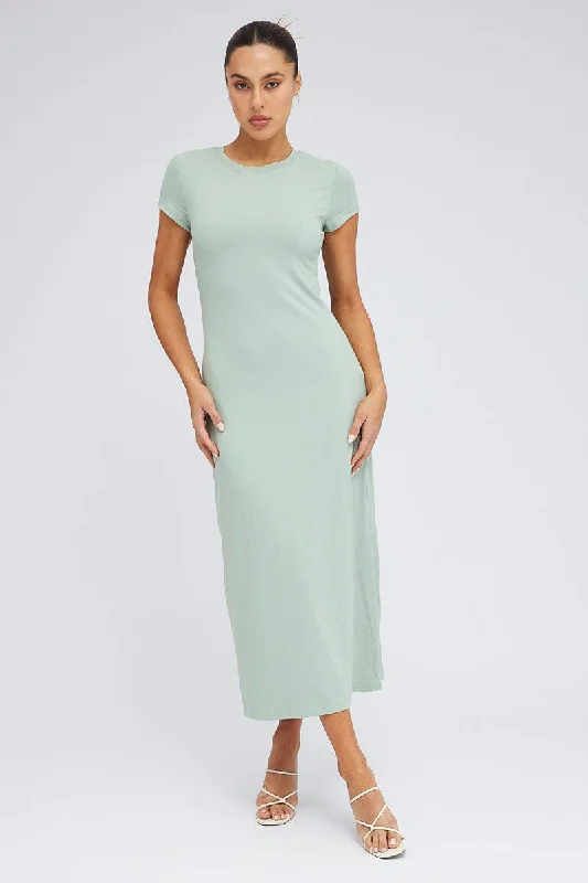 Sale Clearance Green Maxi Dress Short Sleeve Bodycon SuperSoft