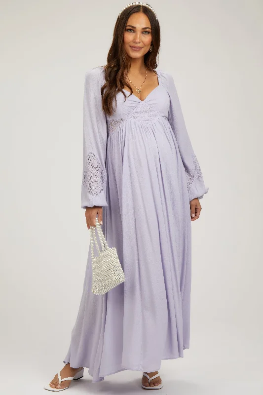 Women's Timeless Attire Lavender Lace Accent Long Sleeve Maternity Maxi Dress