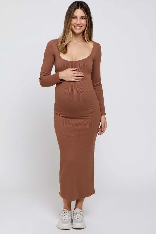 Women's Clothes Online Shopping Mocha Ribbed Scoop Neck Maternity Midi Dress