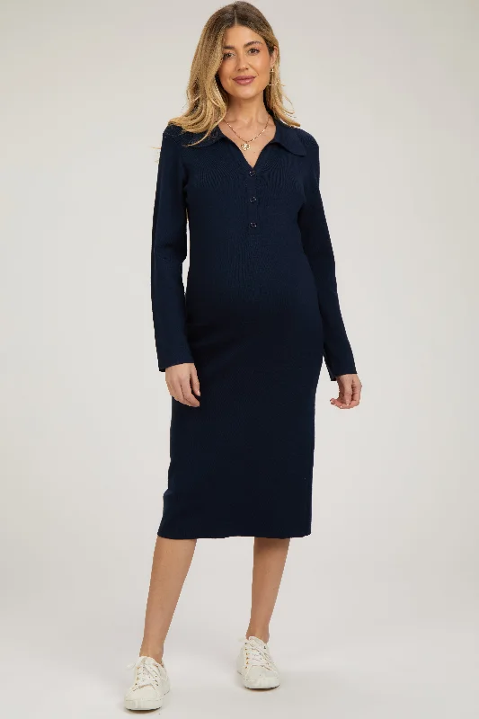 Luxury Women's Clothing Navy Collared Long Sleeve Sweater Maternity Midi Dress