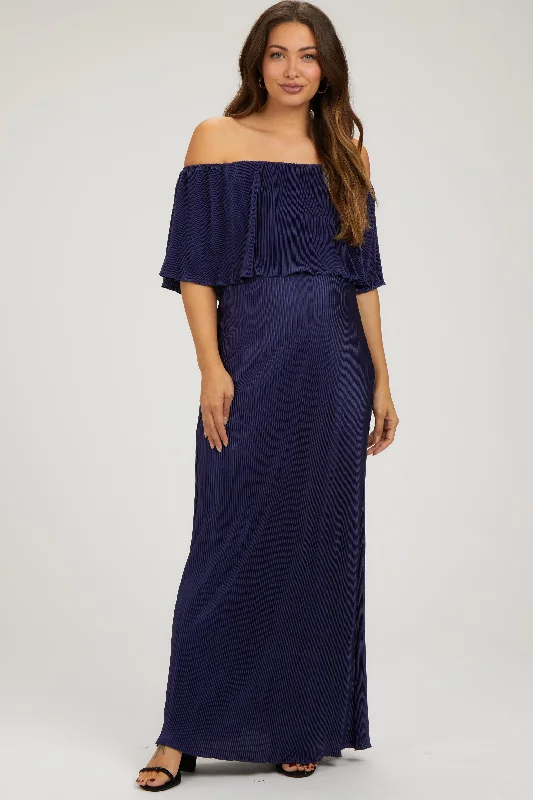 Plus-Size Women's Garments Navy Pleated Ruffle Off Shoulder Maternity Maxi Dress