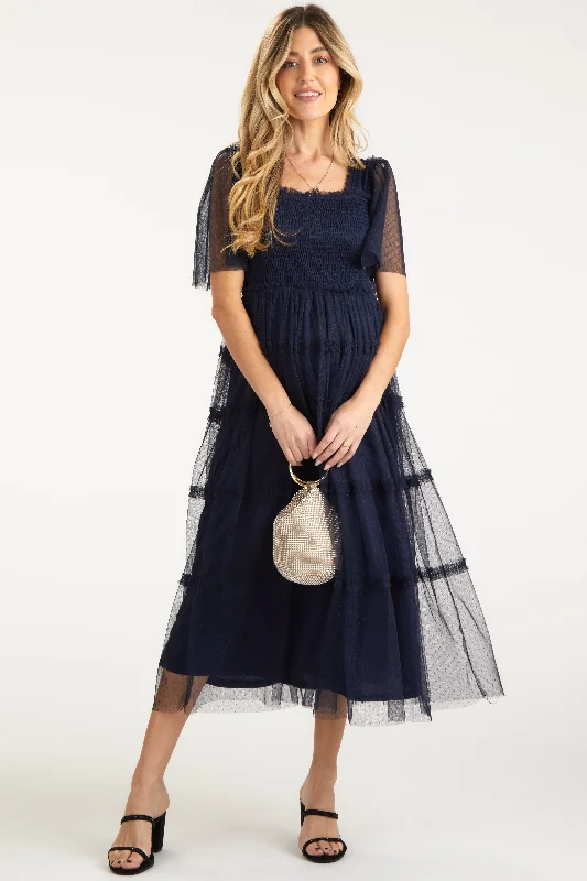 Online Boutiques Navy Ruffled Mesh Maternity Maxi Dress