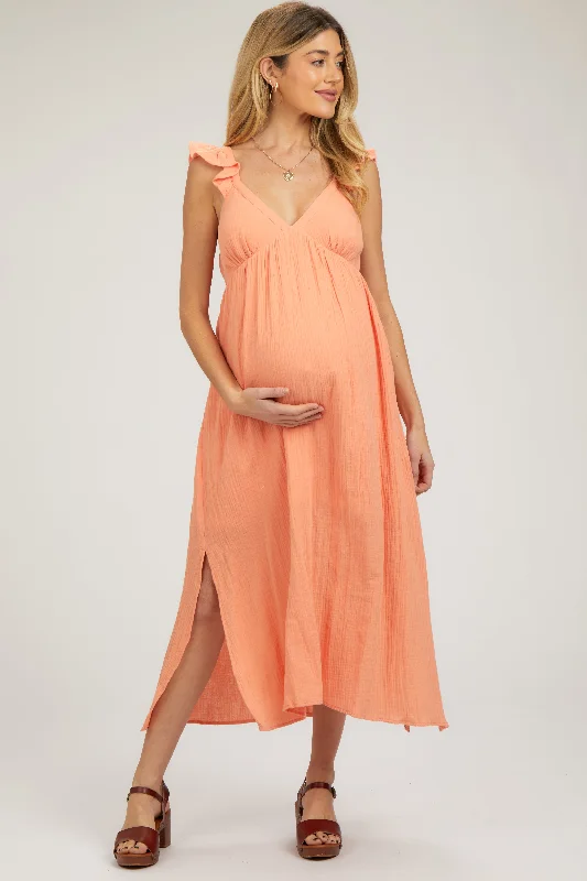 Cheap Women's Clothing Online Orange Ruffle Strap Maternity Midi Dress