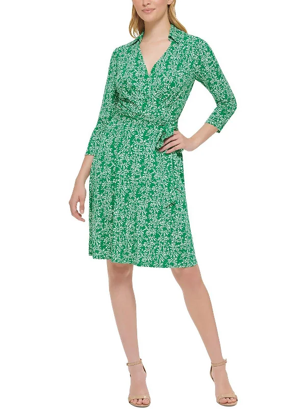 Women's Attire Petites Womens Printed Mini Wrap Dress