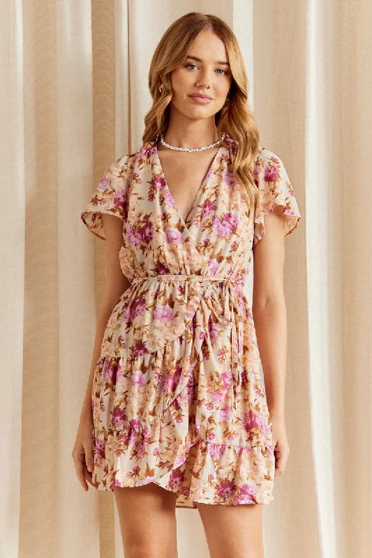 Women's Seasonal Clothing Pink Floral Fit And Flare Dress Short Sleeve Wrap Chiffon