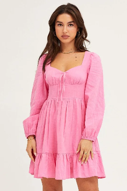 Flash Sale Online Pink Skater Dress Puff Sleeve Mini