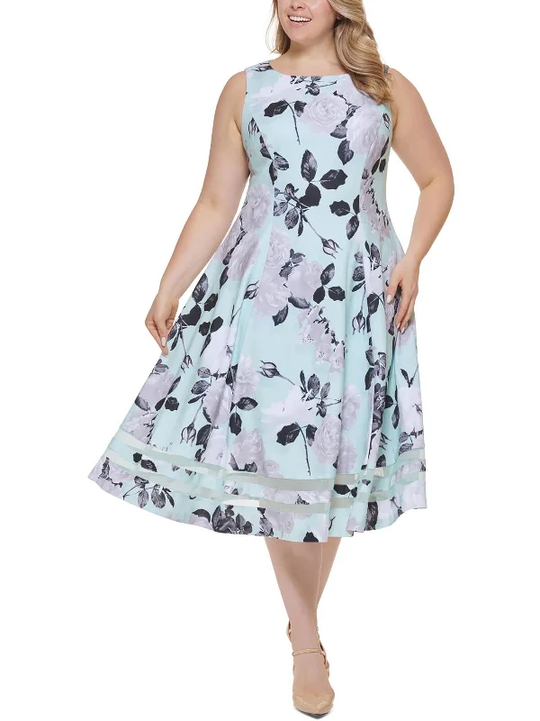 Women Apparel Plus Womens Floral Print Calf Midi Dress