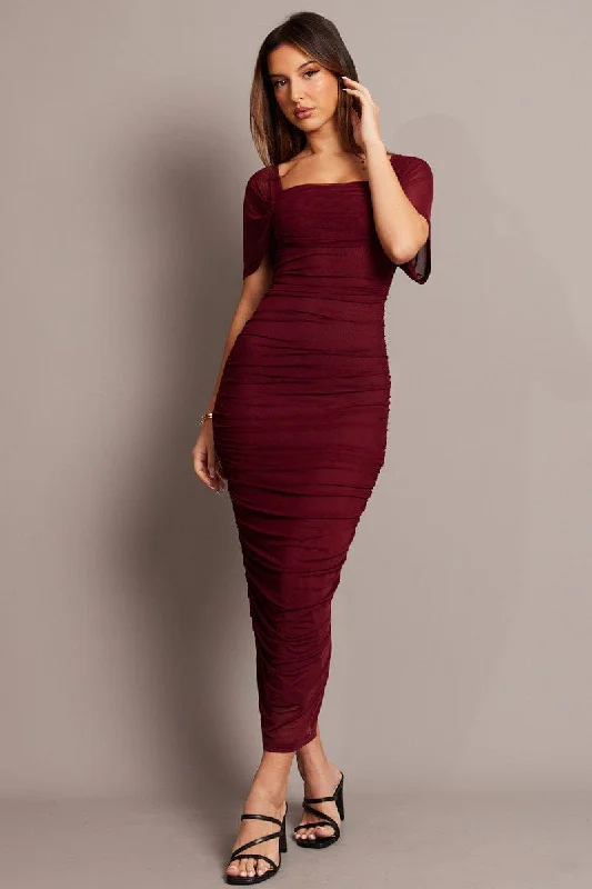 Women's Casual Attire Red Bodycon Dress Mesh