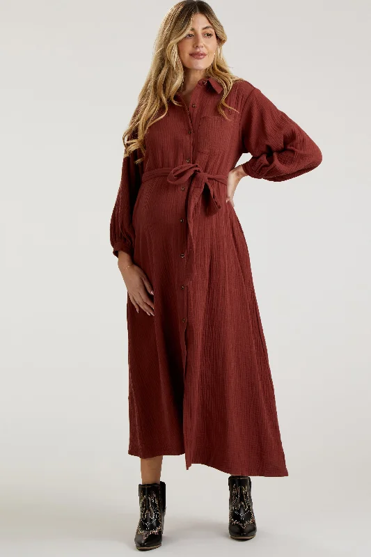 Women's Stylish Casual Garments Rust Gauze Belted Shirt Maternity Midi Dress