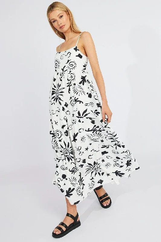 Formal Garments For Women White Abstract Maxi Dress Strappy Tiered