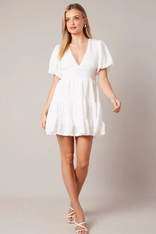 Women's Comfy Loungewear Outfit White Fit And Flare Dress Puff Sleeve