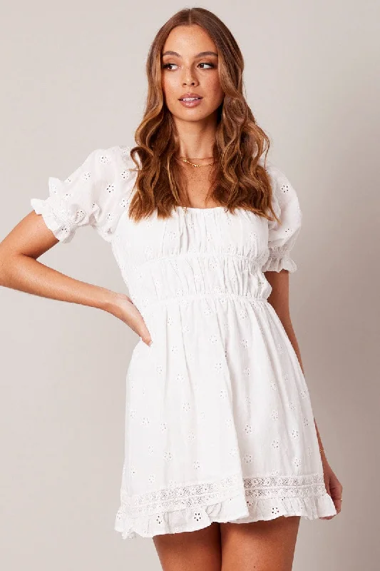 Affordable Luxury Women's Apparel White Fit And Flare Dress Puff Sleeve