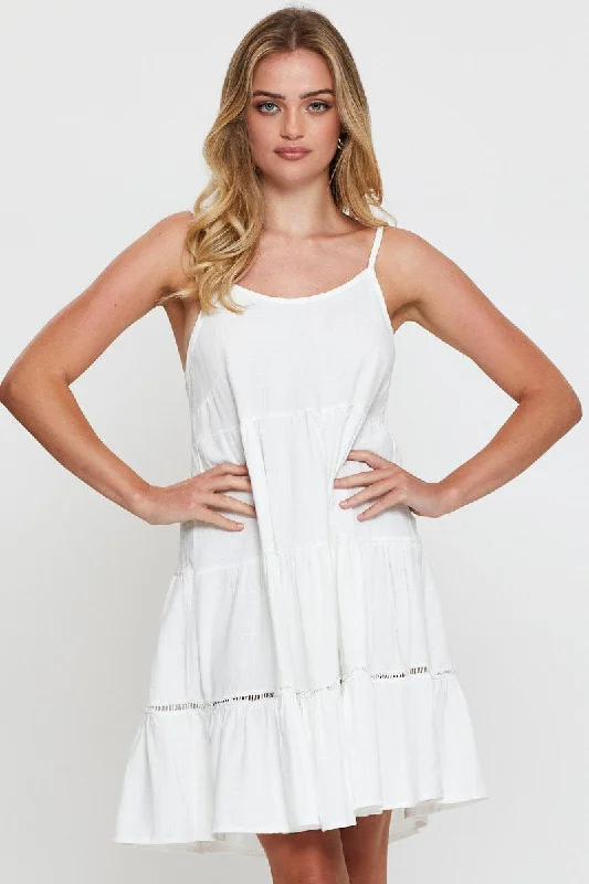 Women's Occasion Wear Clothes White Fit And Flare Dress Sleeveless Scoop Neck