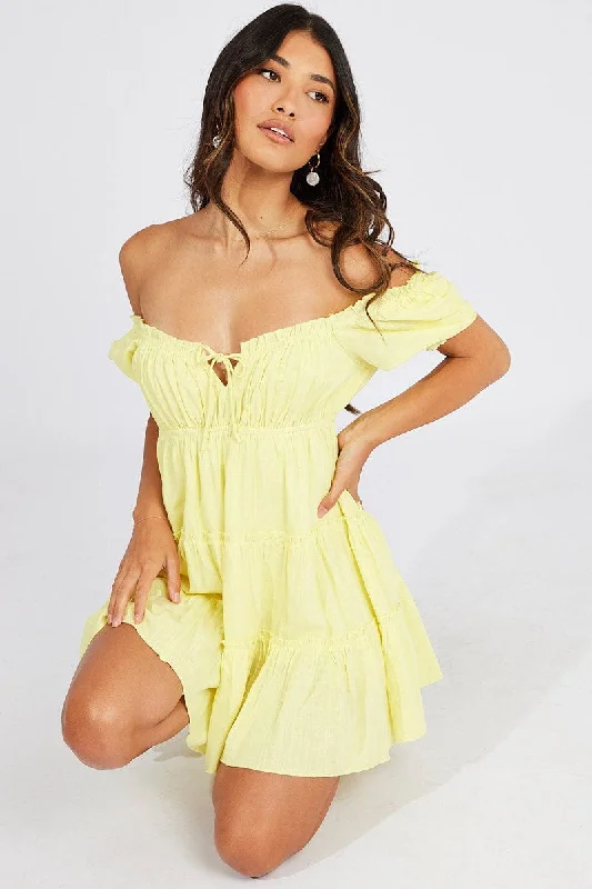 Women's Evening Wear Yellow Fit And Flare Dress Puff Sleeve Mini