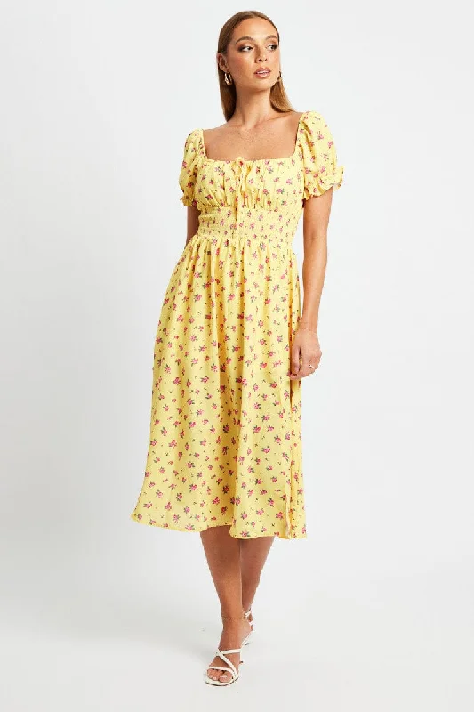 Women's Clothing Sets Yellow Floral Midi Dress Short Sleeve Ruched Bust