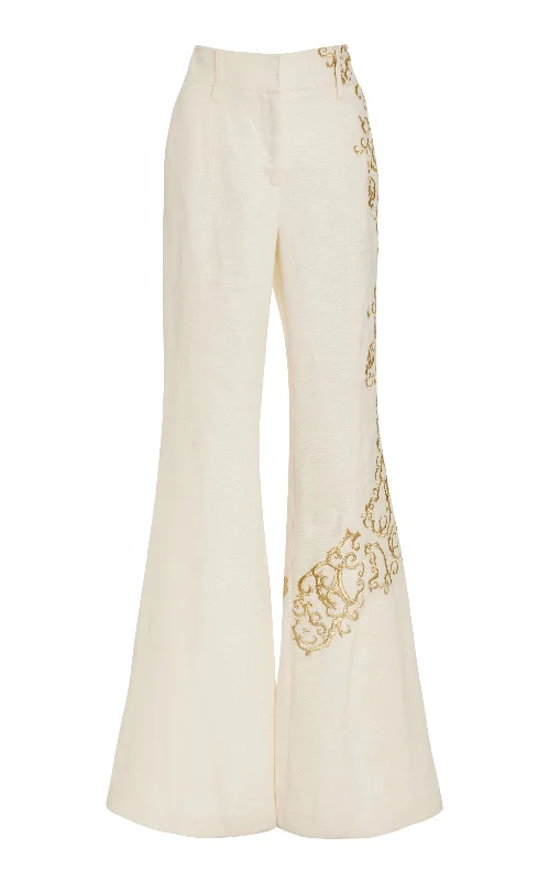 Clothing Store Rhein Embroidered Pant in Ivory Textured Linen