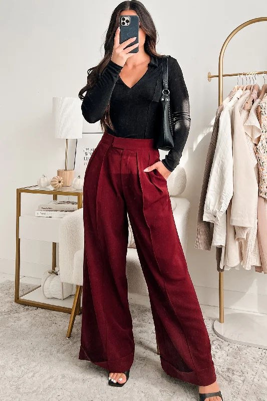 Affordable Fashion Clothing For Women Wall Street Wanna Be Pleated Wide Leg Pants (Wine)